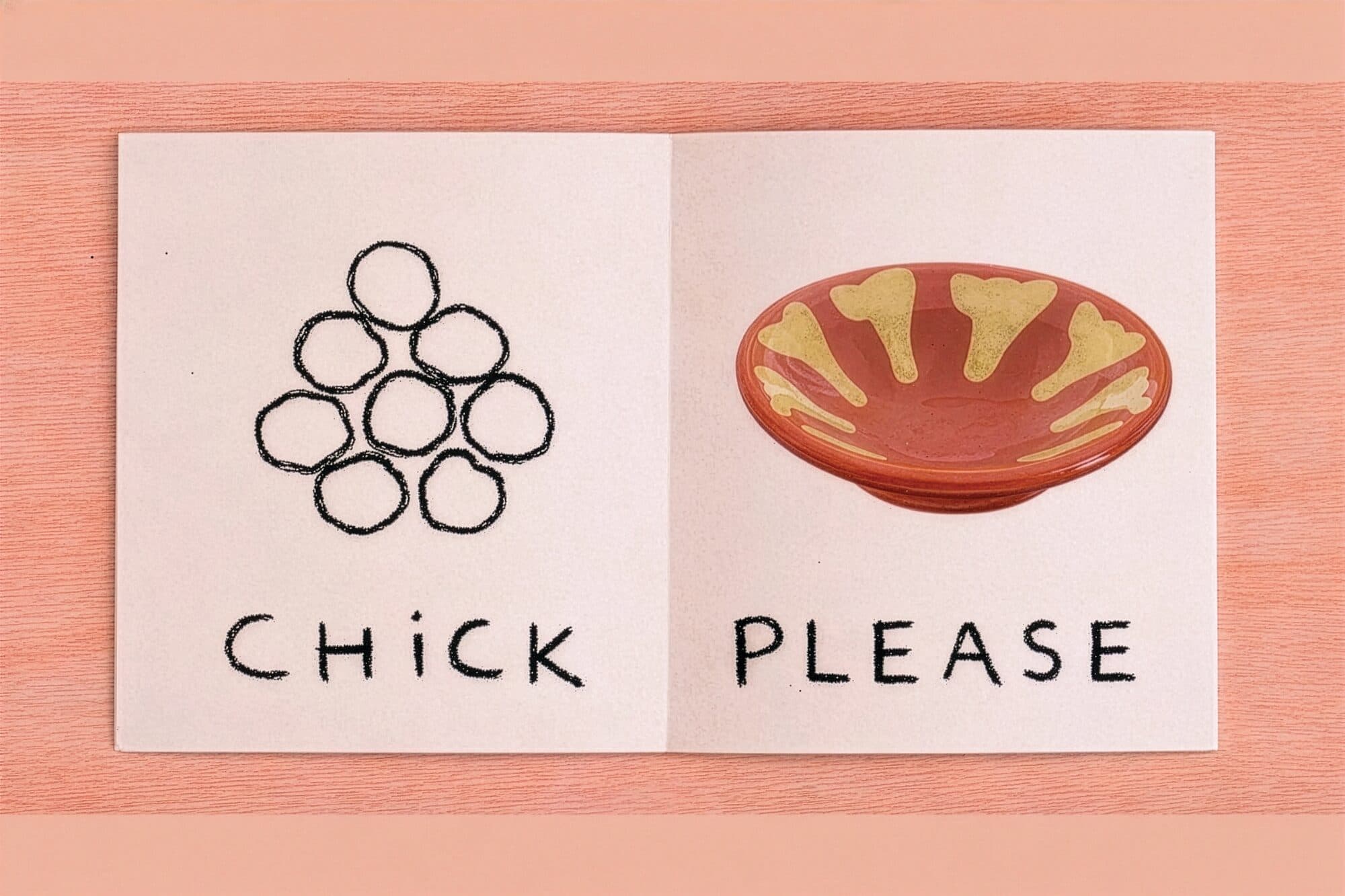 Crayon-drawn CHiCK PLEASE spread: chickpeas and a ceramic bowl on a salmon ground
