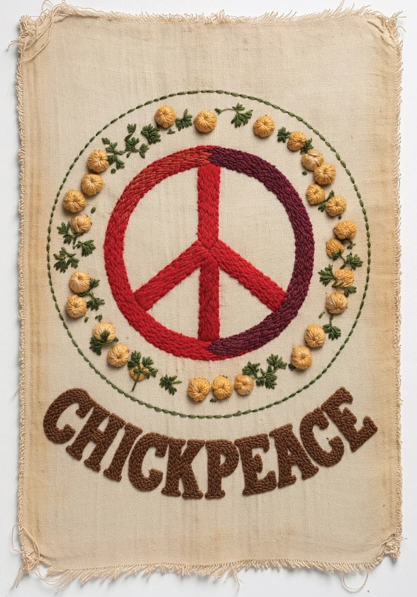 Embroidered banner reading Chickpeace with a peace sign ringed by chickpeas