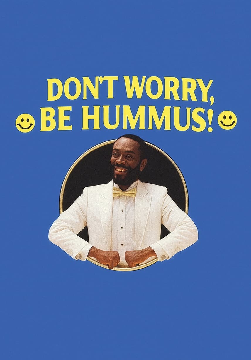 Blue poster reading Don't Worry, Be Hummus with a smiling singer in a white suit
