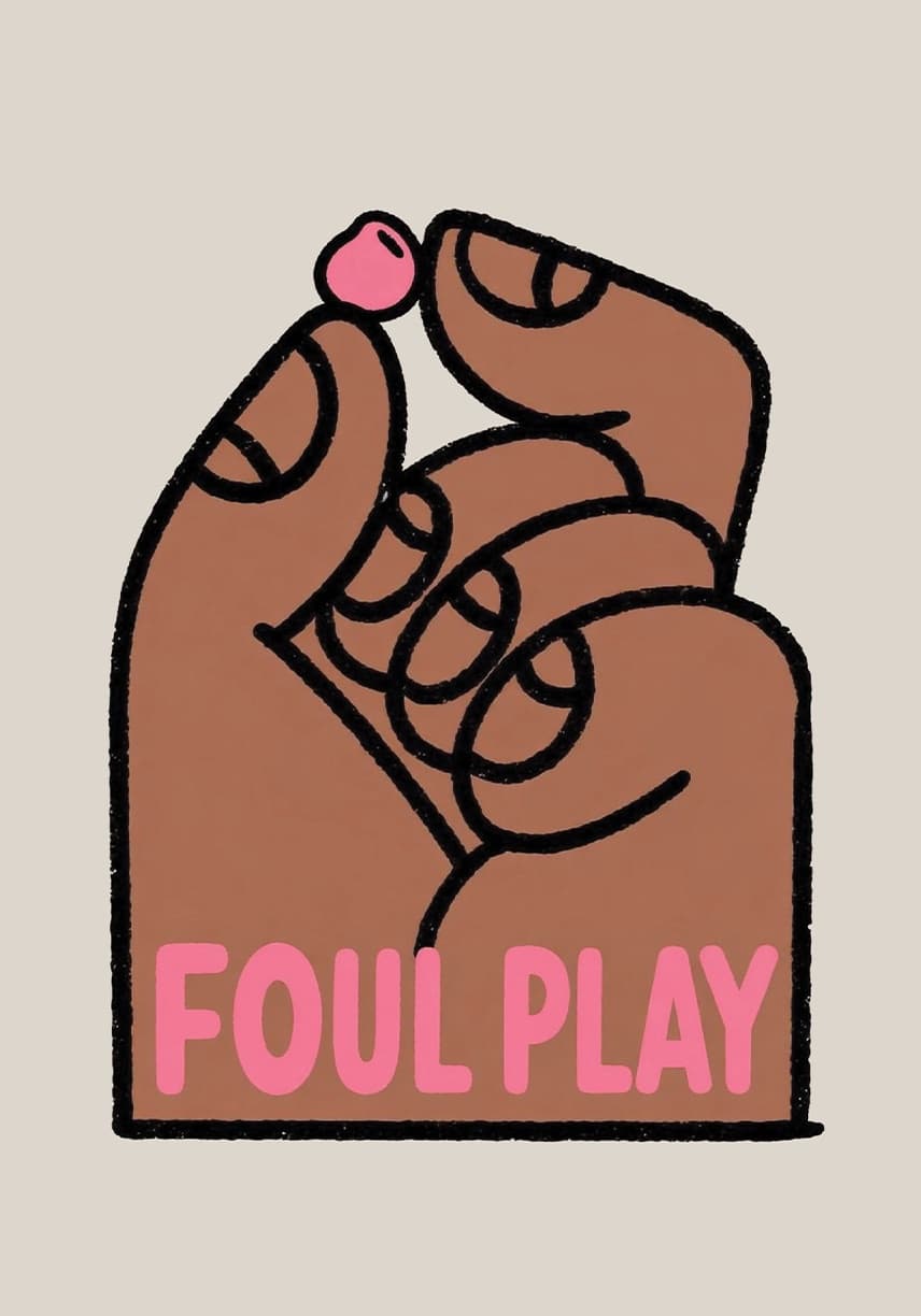 Illustration of a hand holding a small pink bean, captioned Foul Play
