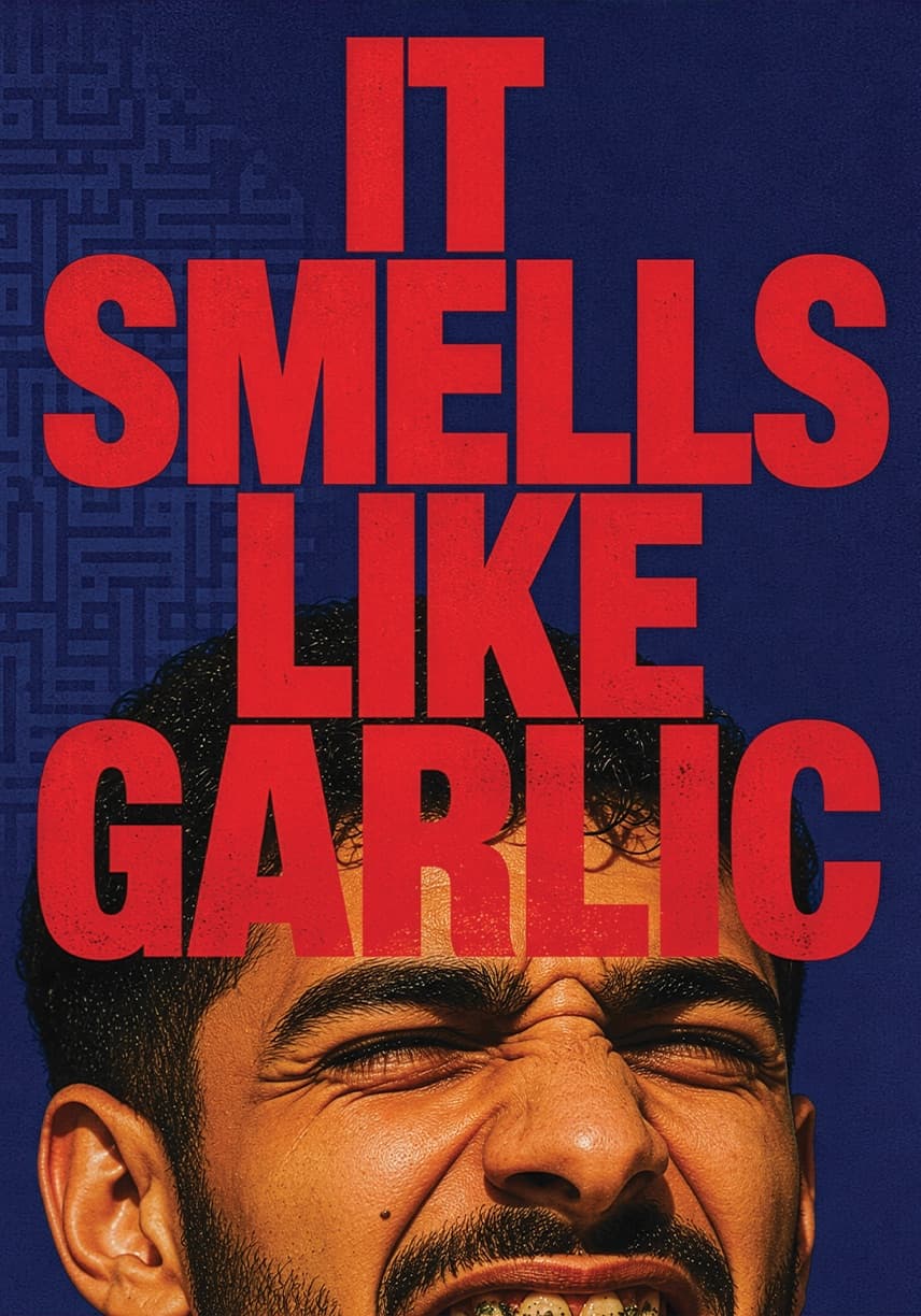 Poster reading It Smells Like Garlic over a wincing face