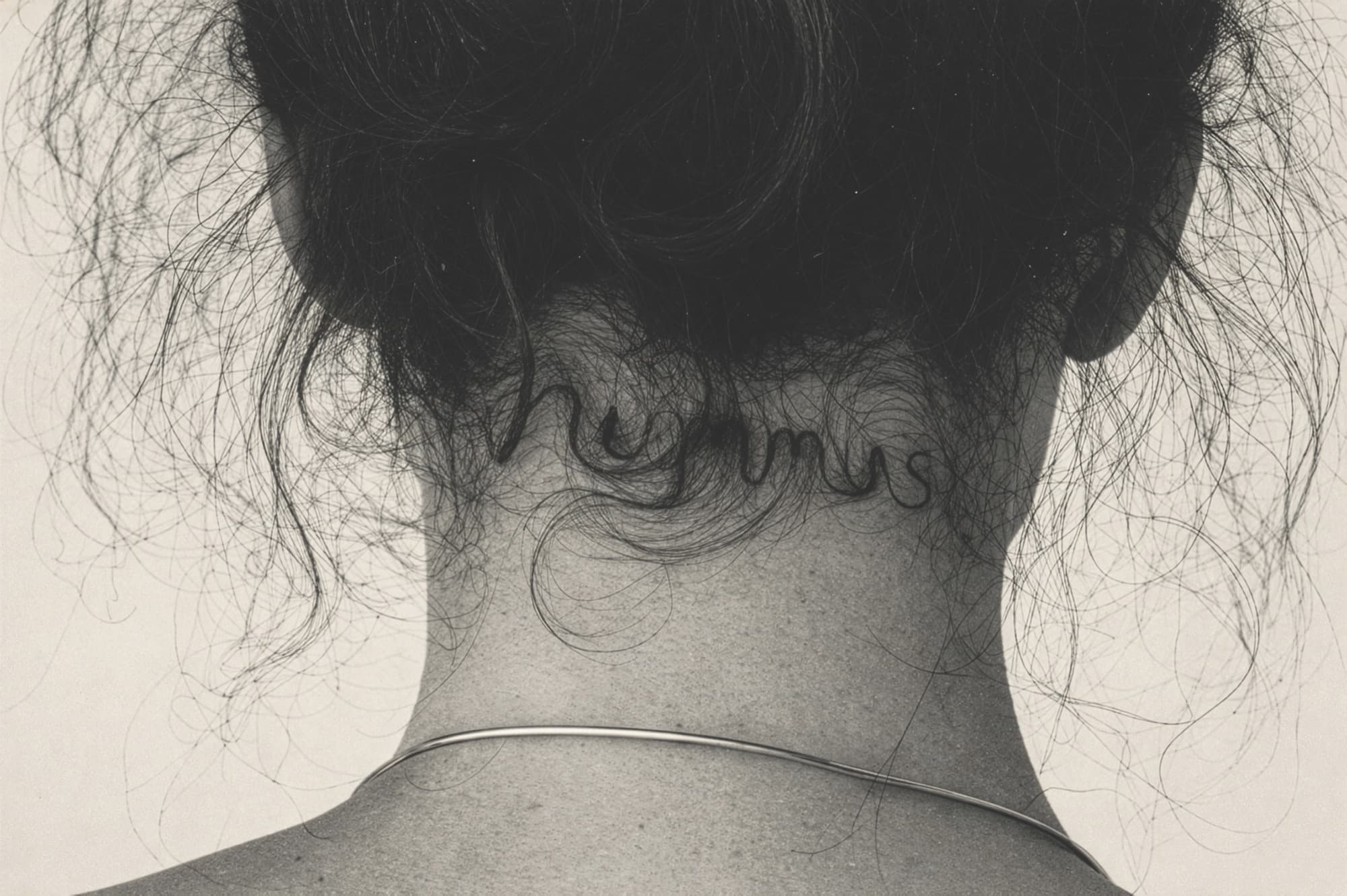 The word hummus written in curls of dark hair at the nape of a neck
