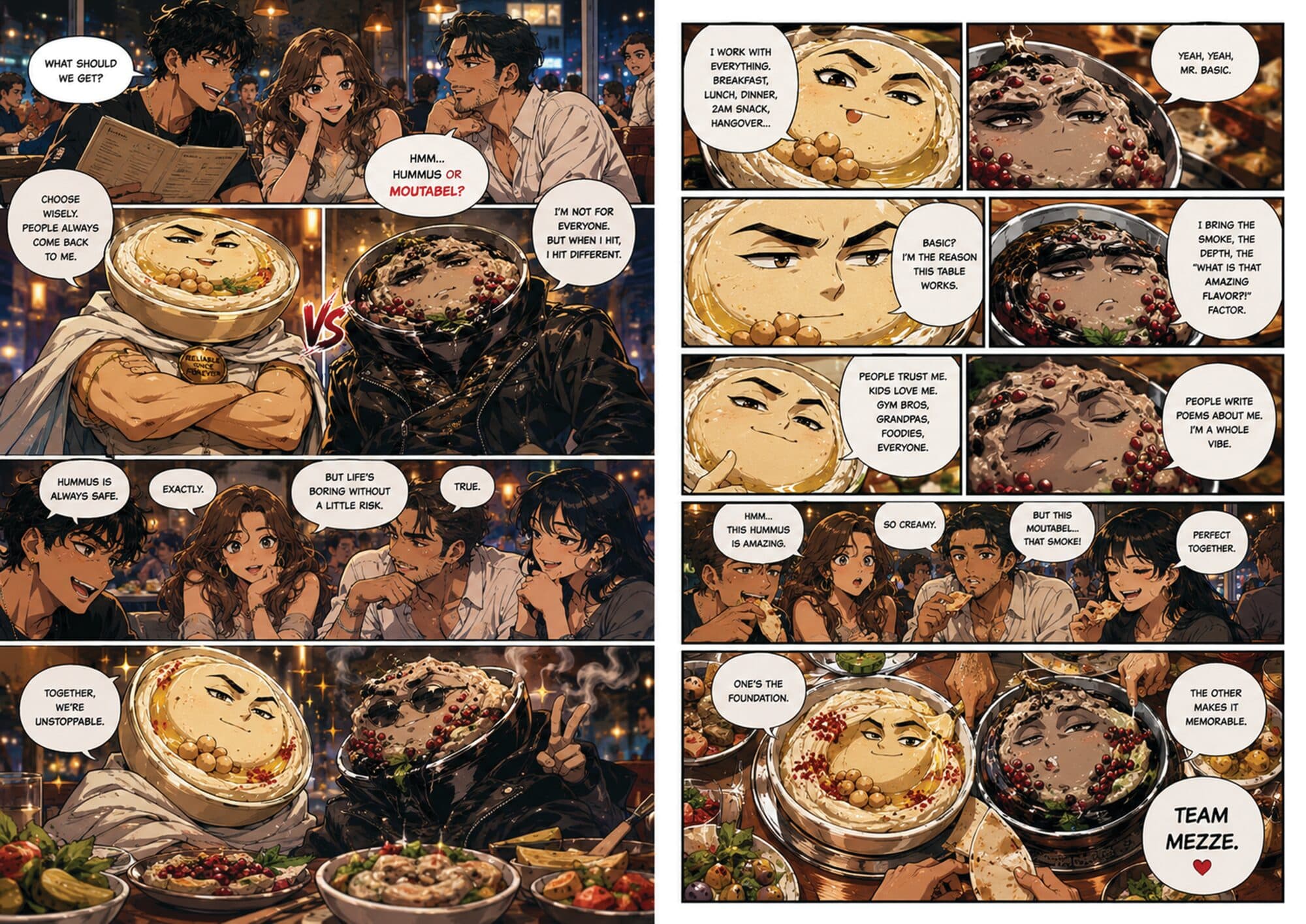 Comic spread in which bowls of hummus and moutabel argue and reconcile as Team Mezze