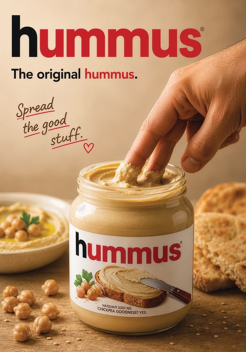 Parody supermarket advertisement portrait of a jar of hummus