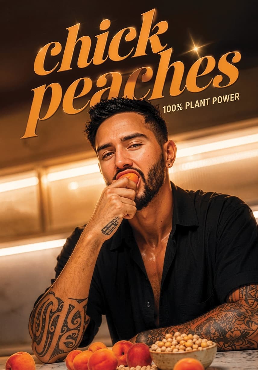 Poster reading Chick Peaches, 100 percent plant power, with a man eating a peach
