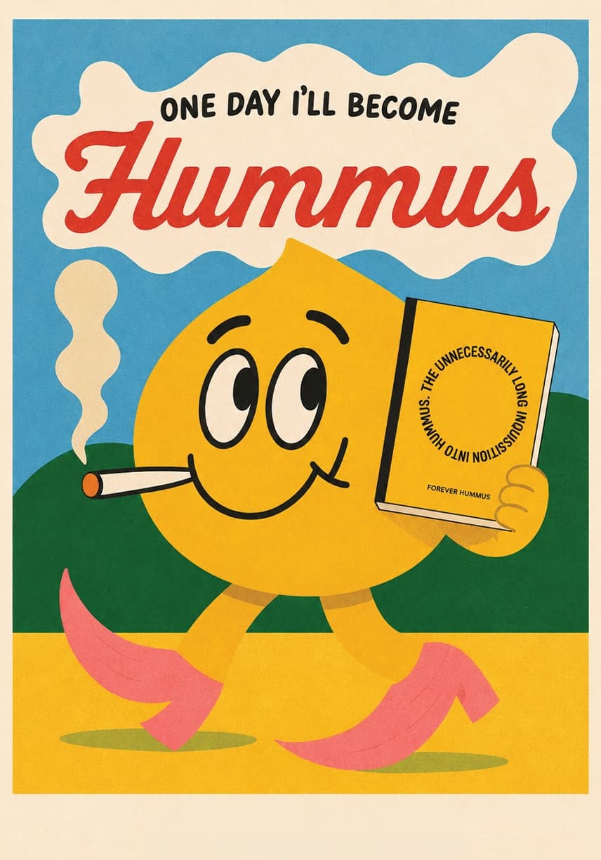 Poster of Chick Pete walking with the book, saying one day I'll become hummus