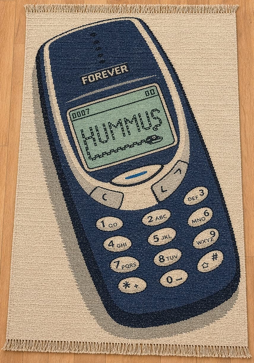 Woven rug of a Nokia 3310 playing Snake, the screen reading HUMMUS