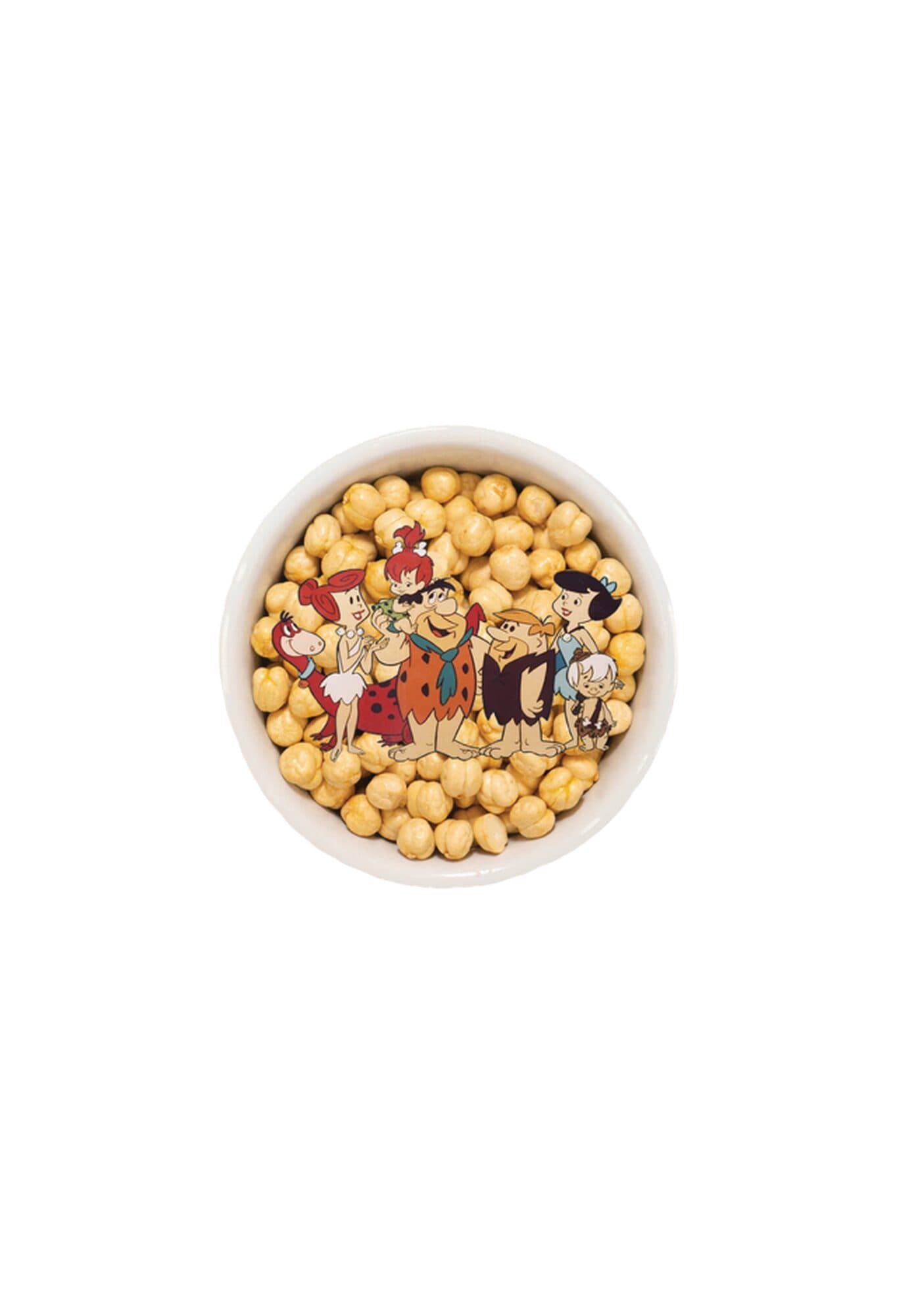 A bowl of chickpeas printed with cartoon characters